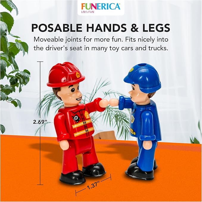 FUNERICA 8-Set Bendable Play People Figures for Kids - Firefighters, Police Officers, Construction Workers, Sanitation and Community Helpers Figurines
