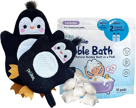 TruKid Lavender Bubble Podz & BubbleGlove Set – Bubble Bath Pods with 2 Wash Gloves for a Calming Bath Routine