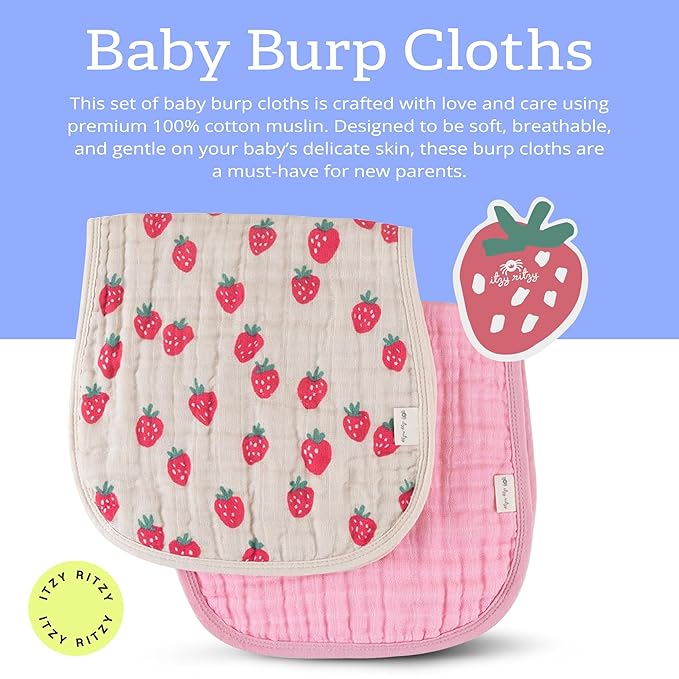 Itzy Ritzy Set of 2 Baby Burp Cloths – Ultra-Soft Absorbent Burping Cloths for Babies - Made of 100% Cotton Muslin and Generously Sized with Trendy Coordinating Prints – Machine Washable (Strawberry)