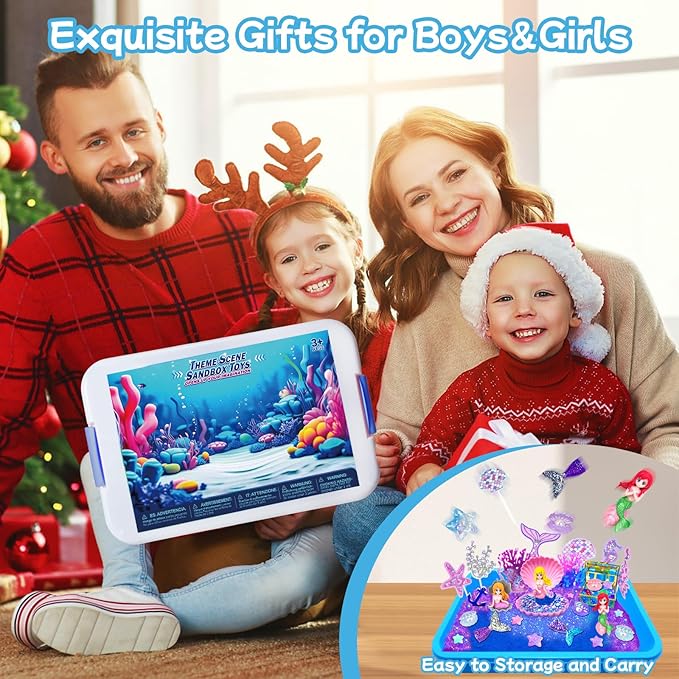 Sensory Bins for Toddlers,Sensory Toys Play Sand Art Kit with Sandbox & Sand Castle Molds & Tools,Indoor Outdoor Beach Toys for Boys and Girls Christmas Birthday Gift (Mermaid Paradise)