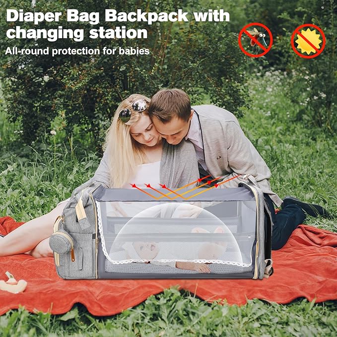 Diaper Bag Backpack, Large Waterproof Lightweight Diaper Bag with Changing Station, Insulated Pockets, USB Port & Stroller Straps, Travel Baby Bag for Mom and Dad, Baby Shower Gifts (Grey)