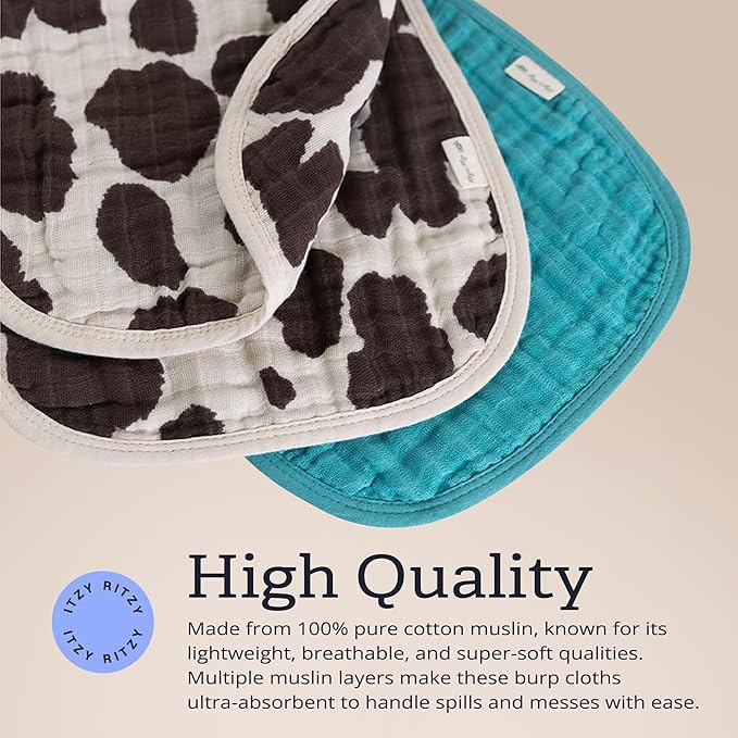 Itzy Ritzy Set of 2 Baby Burp Cloths – Ultra-Soft Absorbent Burping Cloths for Babies - Made of 100% Cotton Muslin and Generously Sized with Trendy Coordinating Prints – Machine Washable (Cow Print)