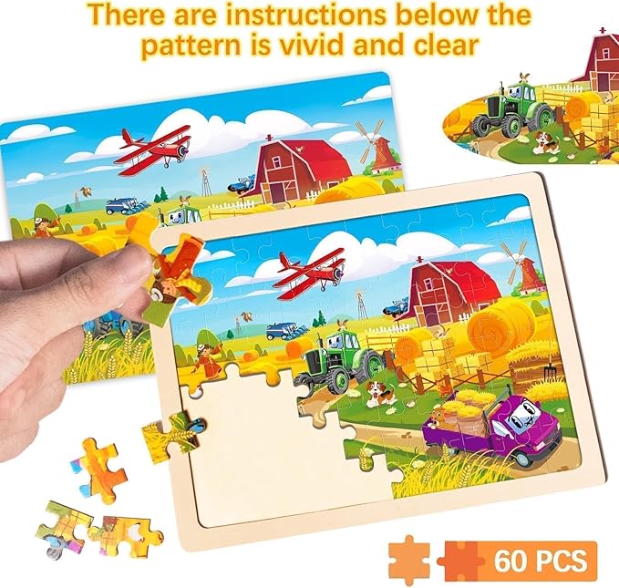 Christmas Wooden Puzzles for Kids Ages 4-6,6 Pack 60Pcs Jigsaw Wooden Car Truck Puzzles for Toddlers 3-5,Preschool Educational Brain Toys Gifts for Boys and Girls 2 4 3 5 Year Old（Vehicle）