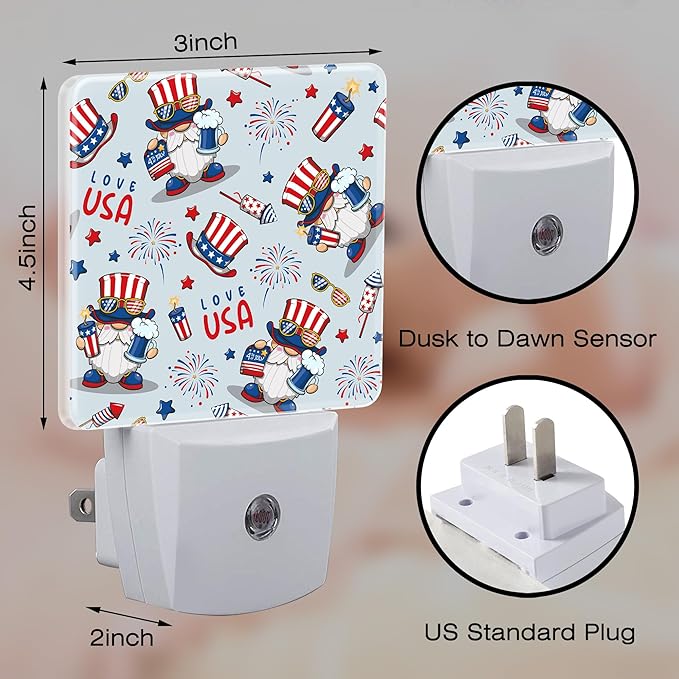 Cute American Patriotic Gnomes Night Light Plug into Wall, USA Flag Love USA Dusk to Dawn Night Light Plug in,0.5w Energy Saving Sleep Friendly NightLight for Kids Boys Girls Home Decor