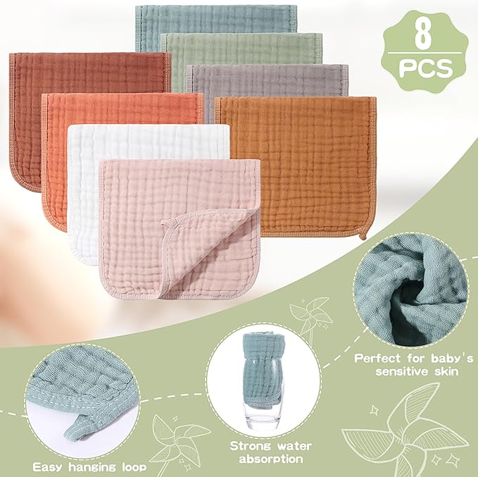 8 Packs Muslin Burp Cloths 6 Layers Unisex Baby Items Absorbent Burp Rags Colorful Muslin Washcloths for Baby Plain Soft Cotton Cloth for Babies Girls Boys, 10 x 20 Inch (Classic Colors)