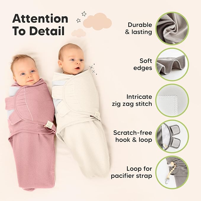 3-Pack Organic Swaddles for Newborns, Baby Sleep Sacks 0-3 Months - Baby Swaddle Wrap, Newborn Wearable Blanket, Infant Sleep Sack for Girls, Boys, Soft & Snug, Large Hook & Loop Closure (Roseate)