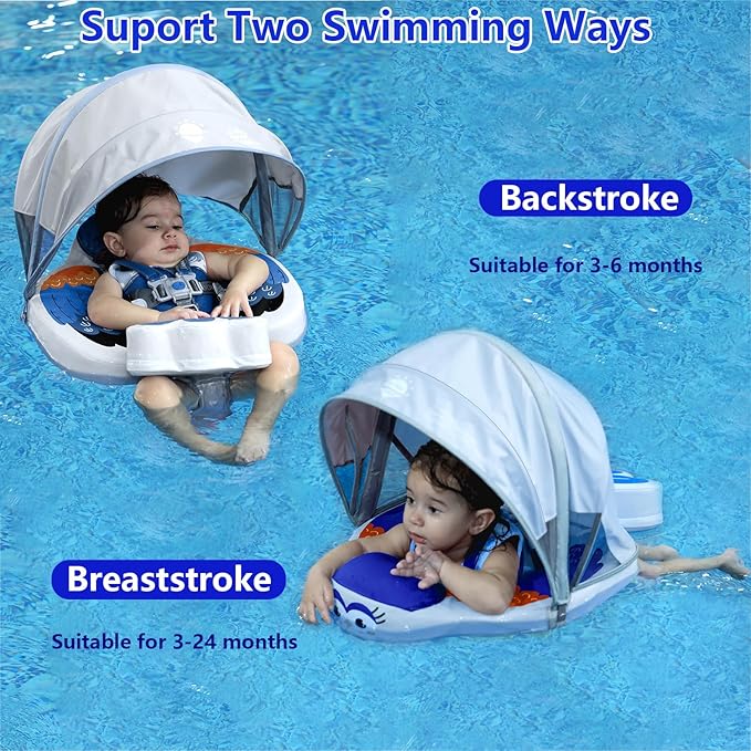 Mambobaby Floats with Canopy &Tail, Mambobaby Pool Float for Pool Add Tail Avoid Flip Swim Trainer Baby Swimming Float for Toddler Boys Girls(B53036WF0006-BB06)