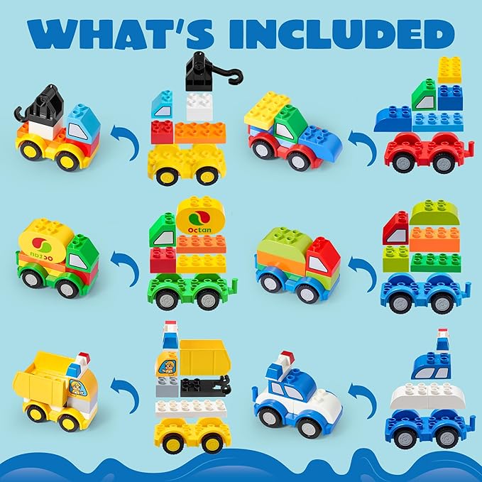 JOYIN 80Pcs Toddlers Car Building Blocks Set, 12Pcs Different Vehicles, Build Your Own Toy Cars, Compatible with Brand Name Building Bricks for Kids Boys Girls Birthday Easter Gift