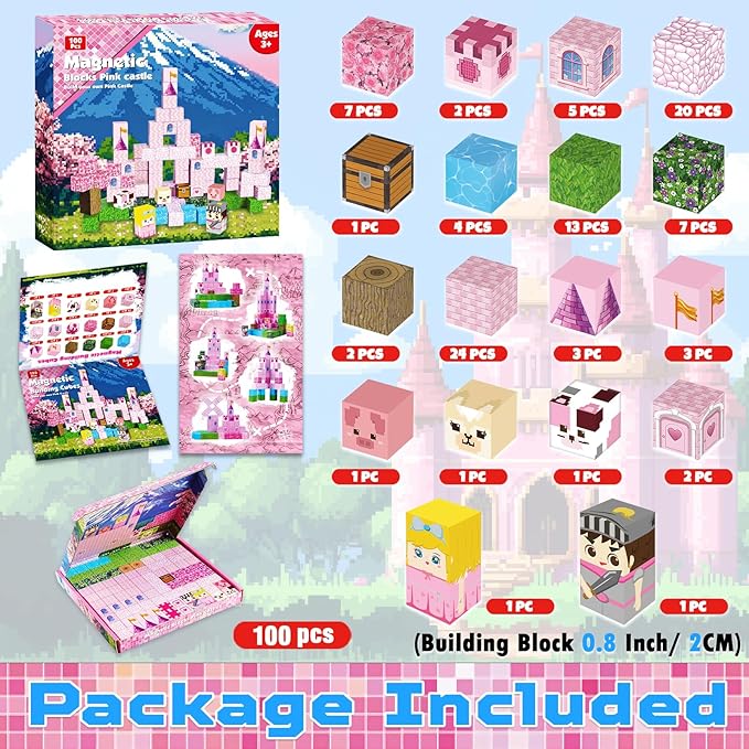 Magnetic Blocks-100PCS Magnetic Building Blocks, Princess Castle Building Set, STEM Learning Toys for Kids Ages 3-8