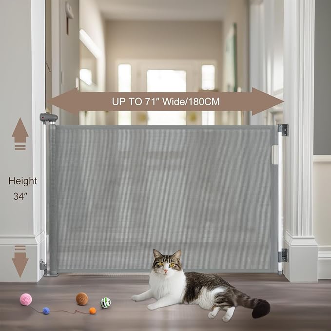 Retractable Baby Gates for Stairs, Dog Gate Indoor Extends to 71" Wide 34" Tall, Child Gates for Doorways, Stair Gate Use for Outdoor, Indoor, Hallways, Doorways, Deck, Porch(Grey)
