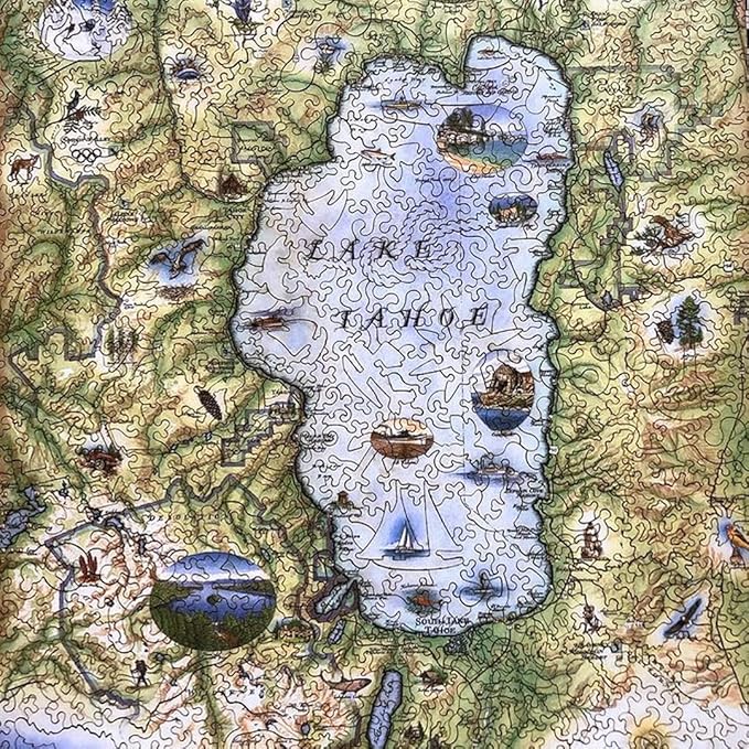 Lake Tahoe Map Cardboard Jigsaw Puzzle - 1000 Pieces, Hand-Illustrated - Educational, Family Activity, Ages 7+, Includes Poster - 25.4 x 19.8