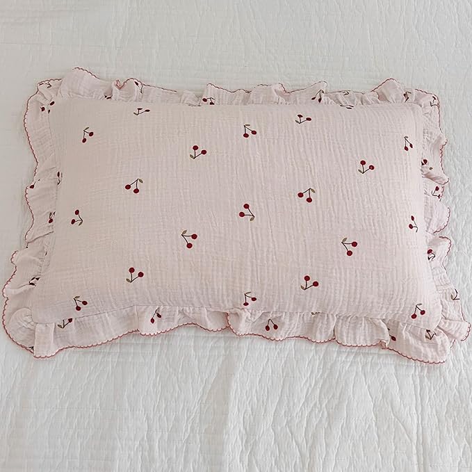BuLuTu Cotton Muslin Kids Toddler Pillowcase Cherry Pattern, Soft Travel Pillow Ruffle Edge Nursery Pillow Case for Boys Girls, Bedding Decor, Durable Pillowcases 14"x20", 1 Piece