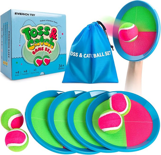 EVERICH Upgraded Toss and Catch Ball Game Set - Indoor and Outdoor Games for Kids 3-12, Beach Sand Pool Water Toy Includes 4 Paddles 4 Sticky Balls, Great Birthday Easter Gifts for Boys Girls