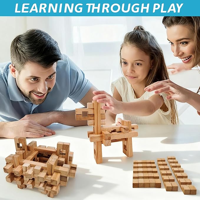 15 in 1 Educational Wooden Building Blocks - Mortise and Tenon Assembled into 15+ Various Shapes, STEM Toys Gift for Kids and Classroom, DIY Building Toys for Ages 5+ Teens Adults - 42 Pcs