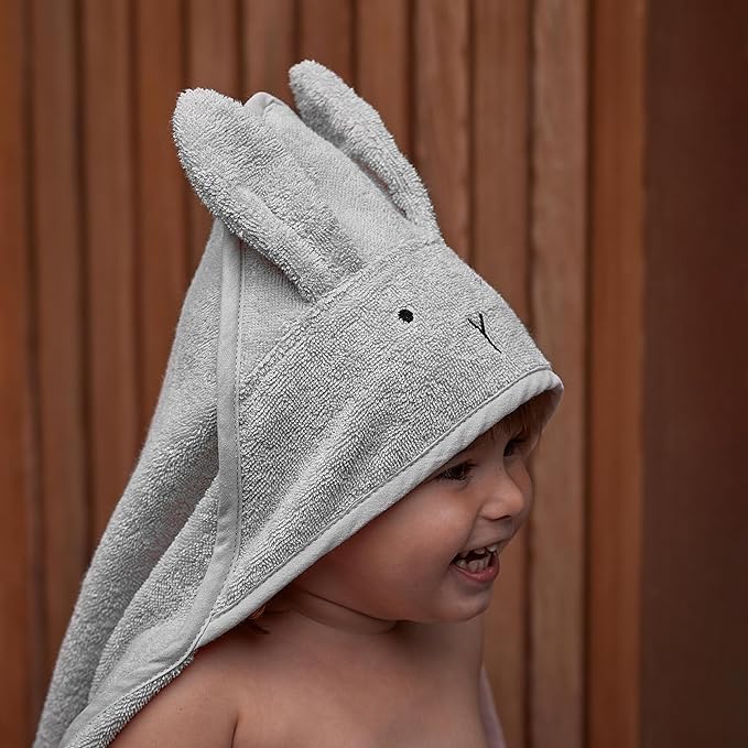 Baby Hooded Towel – Organic Cotton Baby Bath Towels, 32" x 32" Super-Soft and Absorbent Baby Towels for Newborn 2-Pack (Rabbit Grey/Bear Natural)