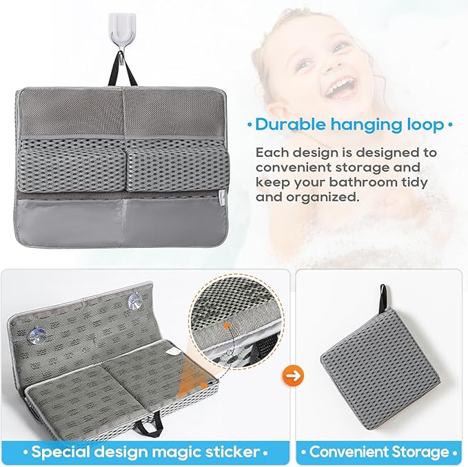 OS OMYSTYLE Baby Bath Kneeler and Elbow Rest Pad Set, 1.5'' Thick Quickly Dry Bathtub Kneeler Pad with Baby Toys & Bath Accessories Organizer, Kneeling and Elbow for Tub, Non-Slip Mat(Grey)