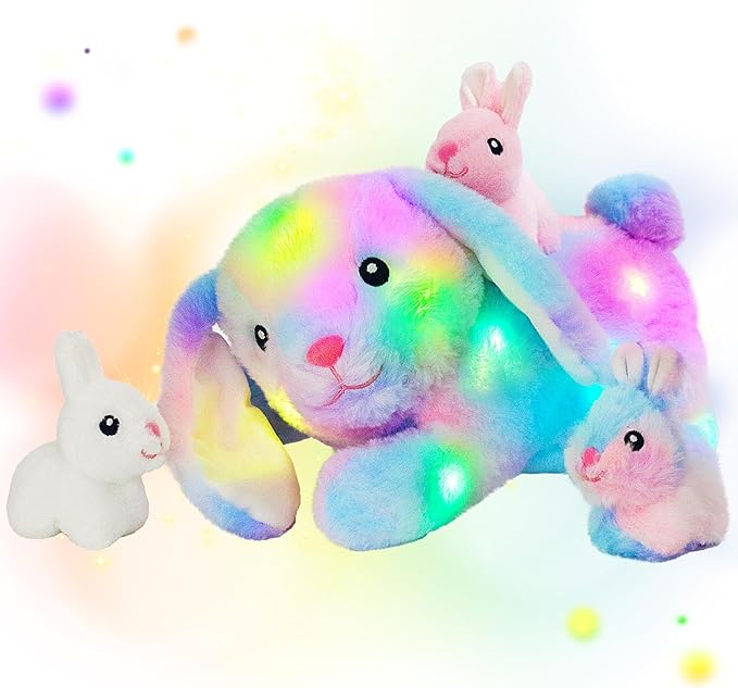 Hopearl LED Stuffed Rabbit Lighting Up Bunny Plush Toy Playset Mommy with 3 Babies in her Tummy Lullaby Animated Soothe for Mom Kids Toddler Girls, Rainbow, 12''