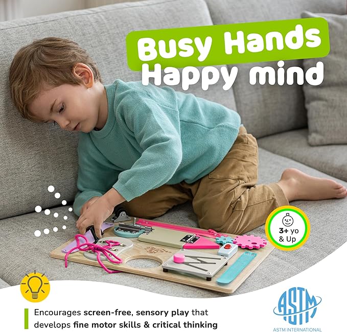 deMoca Sensory Busy Board for Toddlers, Premium Wooden Toddler Busy Board for 1 2 3 Year Old with 10 Educational Activities for Fine Motor Skills, Fidget Activity Toy for Travel Toy (Coral - Large)