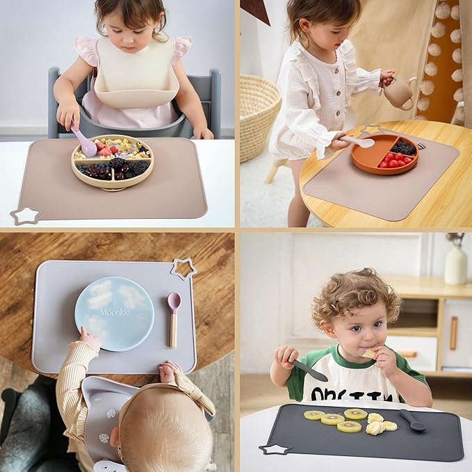 Moonkie Silicone Placemats for Baby & Kid, Stain-Proof Non-Slip Toddler Food Mats Eating Table Mat with 2 Packs(Ether/Sage