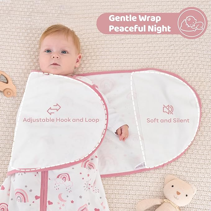 Baby Swaddle Sleep Sack 3-6 Months, Swaddles for Newborns Girl, 3-Way Adjustable Infant Swaddle Wearable Blanket with Zipper & Detachable Wrap, 2 Pack Soft Snug Pink Rainbow