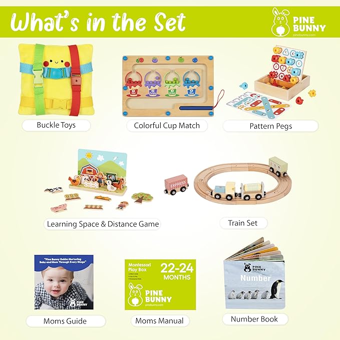 Pine Bunny Montessori Wooden and Plush 12-in-1 Toy Set for 22+ Months, Buckle Toy, Magnetic Color Cup Match Pattern Pegs Space and Distance Farm Game Wooden Train Set Educational Learning Toddler Toys