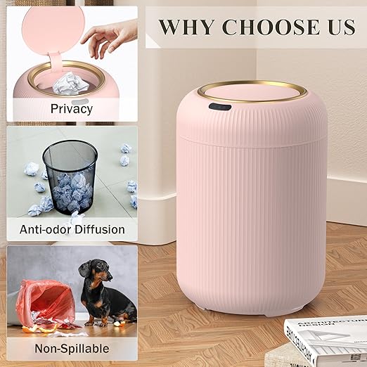 Smart Bathroom Trash Can with Lid，3 Gallon Bathroom Garbage Can Automatic Touchless，Motion Sensor Trashcan, Baby Diaper Trash Bin, Mini Pink Waste Basket for Bedroom, Kitchen, Restroom, Office