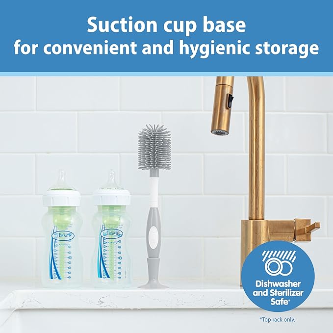 Dr. Brown's Soft Touch No Scratch Baby Bottle Cleaning Brush, Nipple Cleaner & Suction Cup Base for Easy Storage, BPA Free, Gray