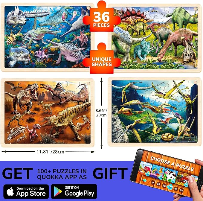 QUOKKA 4SET Puzzles for Kids Ages 4-6 - 36 Pcs Wooden Toddler Realistic Montessori Puzzles Ages 3-5 - Land, Sea, Desert, and Sky Dinosaurs Learning Games for Boys and Girls 4-8 Year Olds
