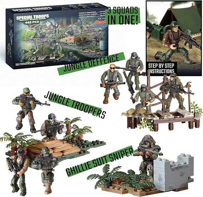 Special Forces US Military Mini Action Figures 3 Army Building Sets 9 soldiers Jungle Troopers Ghillie Suit Sniper Jungle Defence Squad Special Troops Toy10+ Kids & Parents Quality Family Time 443 Pcs