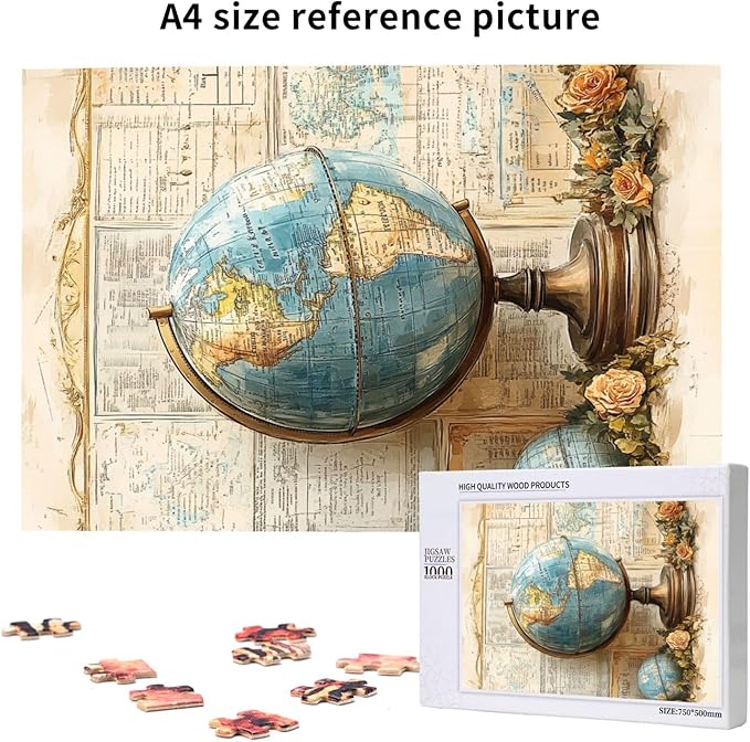 Elegant Globe Puzzle，World Map Inside, Vintage Backdrop, and Rose Detailing，1000 Piece Adults Wooden Jigsaw Puzzle，Puzzles Suitable for Entertaining with Family During Holidays