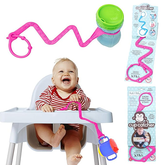 Brilli Baby Cup Catcher Patented Safety Tether Strap, Attach Sippy Cups, Bottles, Pacifiers & More to Stroller, High Chair, Car Seat, Made in USA, Food Grade, Dishwasher Safe (Pink)