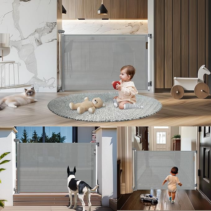 Retractable Baby Gates for Stairs, Dog Gate Indoor Extends to 55" Wide 34" Tall, Child Gates for Doorways, Stair Gate Use for Outdoor, Indoor, Hallways, Doorways, Deck, Porch(Grey)