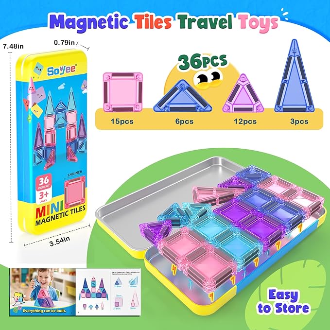 Magnetic Tiles Toddler Toys Travel Essential Games Magnet Building Blocks STEM Sensory Educational Toys for 3 4 5 6 7 8+ Year Old Boys Girls Christmas Birthday Gifts