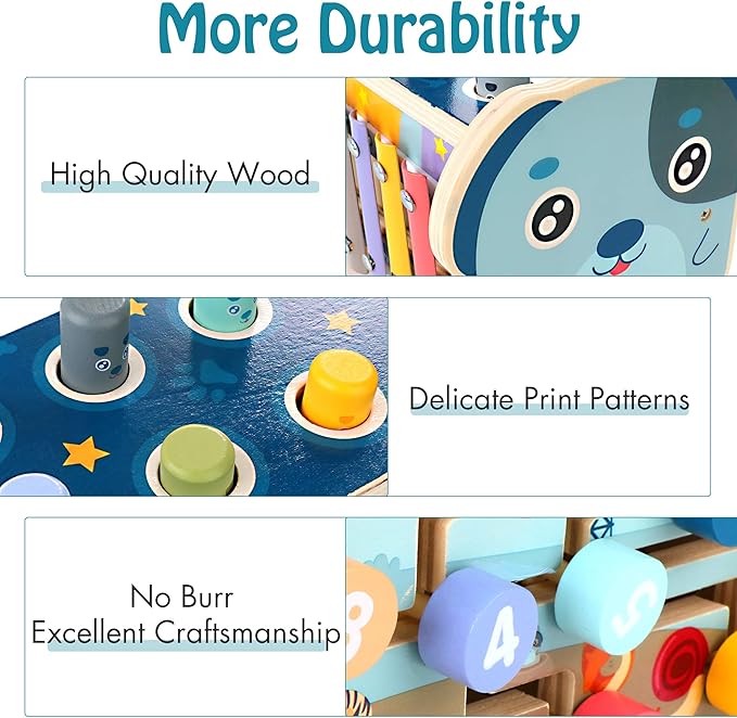 KIDWILL Montessori Pounding Toy for 1 2 Year Olds Wooden Hammering & Activity Board with Xylophone, Number Maze, Pounding Bench Educational Toddler Gift Toys Age 1-3