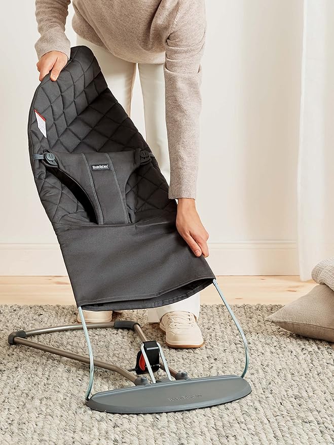 BabyBjörn Bouncer Bliss, Cotton, Classic Quilt, Anthracite 2-in-1 Adjustable Baby Bouncer Seat and Toddler Chair, Newborn to Toddler (8-29 lbs), 4 positions, Lightweight & Portable