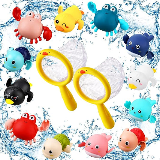 Bath Toys Sets Include 12 Pcs Wind up Floating Toys with 2 Pcs Duck Shape Fishing Net, Swimming Pool Games Bathtub Shower Toy, Turtle Whale Duck Crab for Boys Girls Funny Gifts