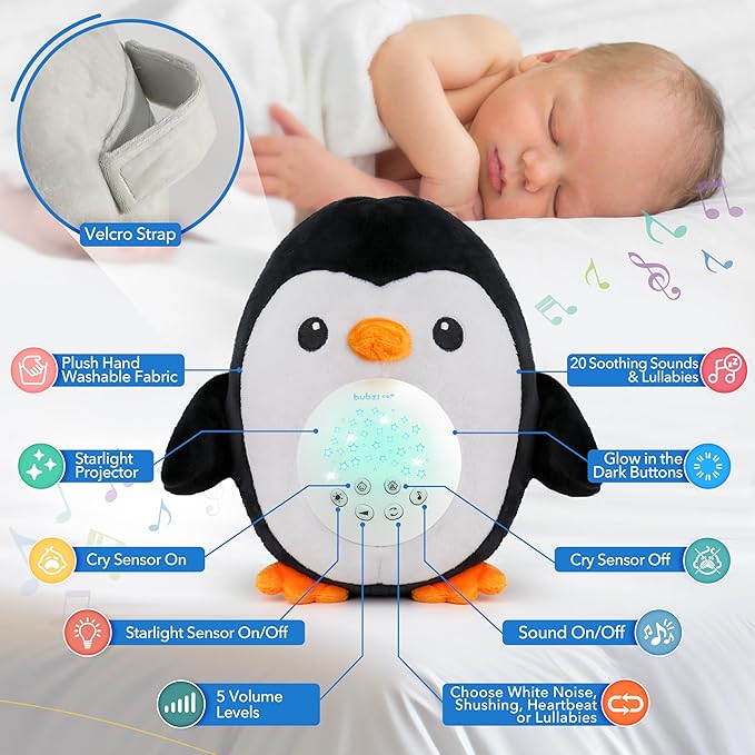 Bubzi Co Sound Machine & Shusher, Portable Penguin Soother & Night Light Projector, White Noise Sleep Aid for Infants & Toddlers