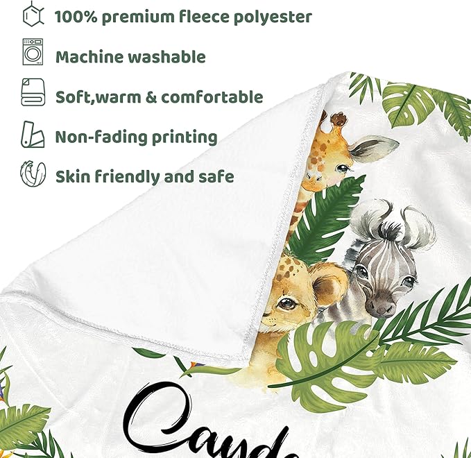 J&SBGFT Personalized Baby Blanket for Boys,Custom Baby Blanket with Name, Customized Name Blanket Receiving Blankets for Toddlers Kids Nursery Stroller Crib Decor Throw,Safari Animal Leaf