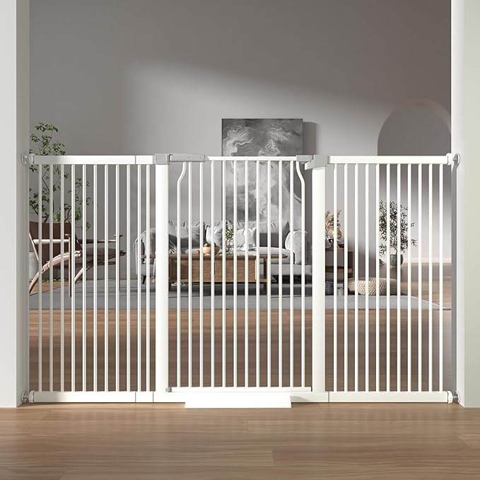 41" Extra Tall Baby Gate for Doorway, 65.8-72.2'' Metal Pet Baby Safe Gate, Extra Wide Pressure Mounted Cat Gate with Expansion Kit, No Drilling Cat Fence Indoor, Tall Dog Gate, White