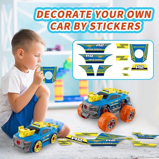 3-in-1 Construction Car for Boys Ages 3+ Years Old, Take Apart Car with Electric Drill, 46 Pcs Cars Building Kit, Build Your Own Toy Cars with Tools, Ideal STEM Present for Kids Children(Blue)