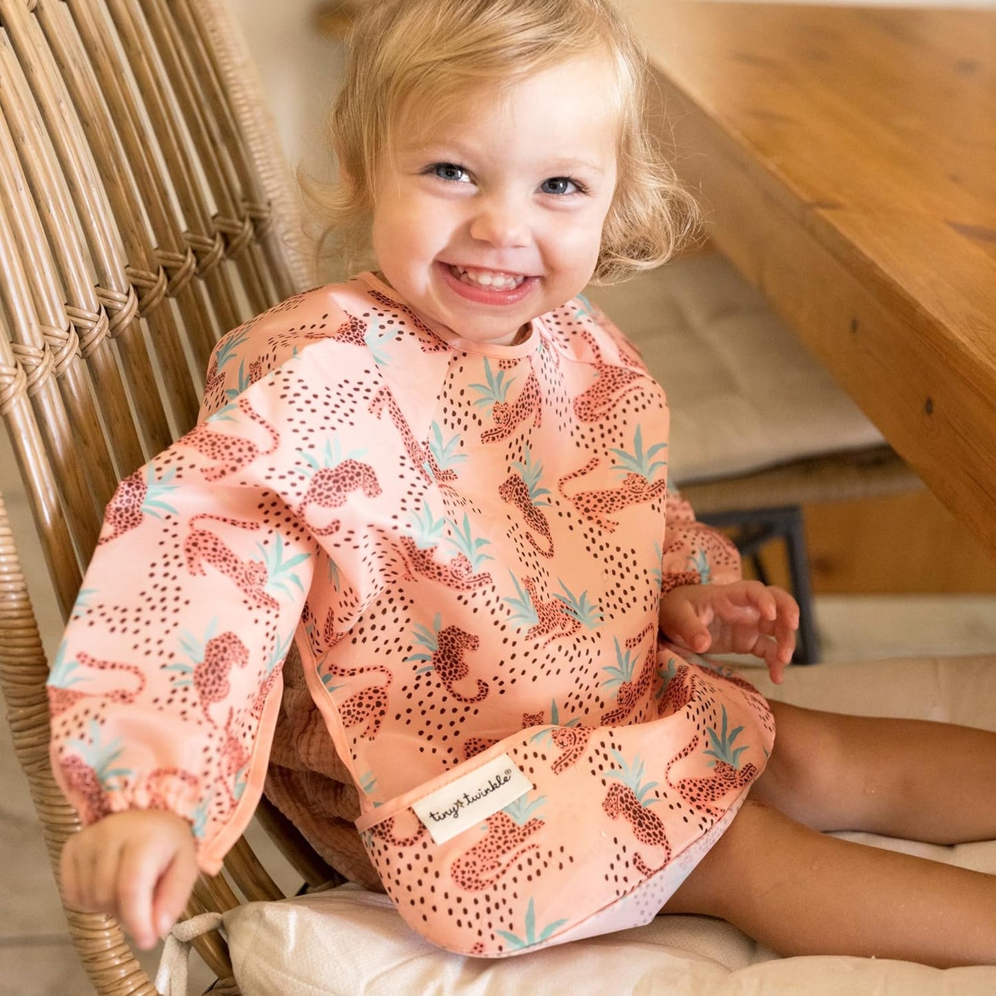 Tiny Twinkle Mess Proof Baby Bib,Waterproof Smock Baby Bib for Eating,Machine Washable Long Sleeve Bib,Baby Led Weaning,Toddler Bib (Leopard, Small 6-24 Months)