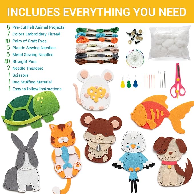 Craftorama Sewing Kit for Kids, Fun and Educational Pets Craft Set for Boys and Girls Age 7-12, Sew Your Own Felt Animals Craft Kit for Beginners, 165 Piece Set