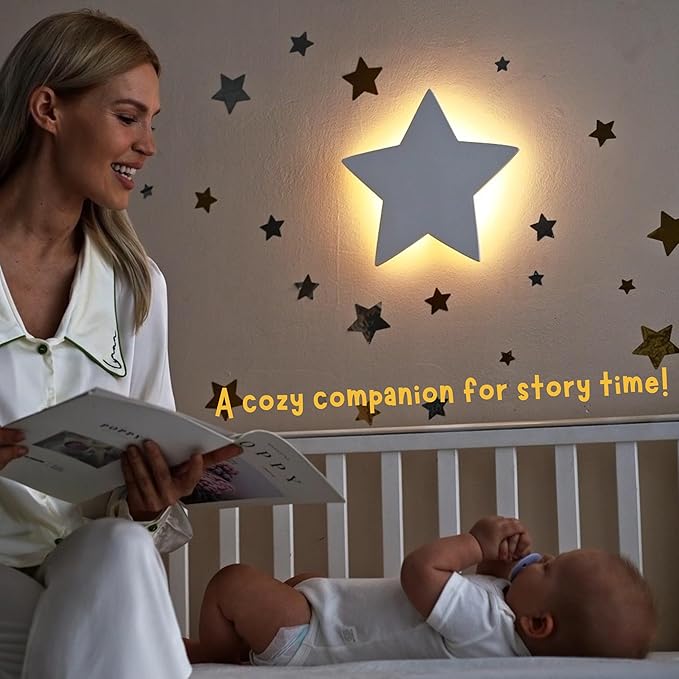Nursery Night Light – Dimmable Star Wall Light for Newborns & Toddlers Nursery Decor – Rechargeable LED Light with Touch Control for Kids' Safety (Moon & Stars Decals Included)
