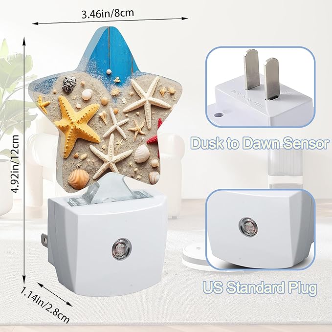 Coastal Seashell Starfish Night Lights Plug Into Wall,Blue Wooden Star Night Light for Kids,Nightlight with Dusk to Dawn Smart Sensor for Bedroom Bathroom Decor,Children Women Men Gift