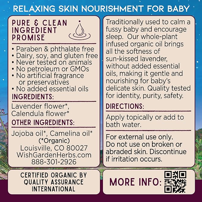 WishGarden Herbs Oh Baby! Lavender Oil - USDA Certified Organic Baby Oil with Lavender & Calendula, Calming for Sleep, Baby Massage For Newborn, No Added Fragrance, 2oz Bottle