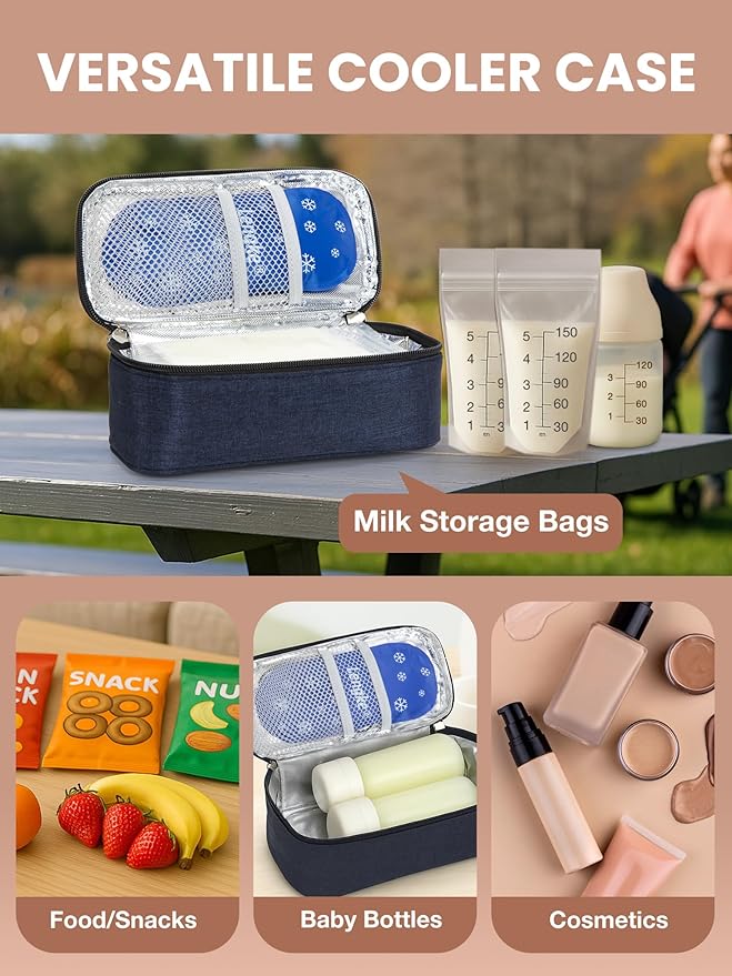 Breast Milk Cooler Travel Bag, Real-Time Temperature Display, Holds 4-6 Breastmilk Storage Bag with 2 Breast Milk Ice Pack, Cooling & Waterproof Portable Cooler for Moms on The Go(Navy Blue)