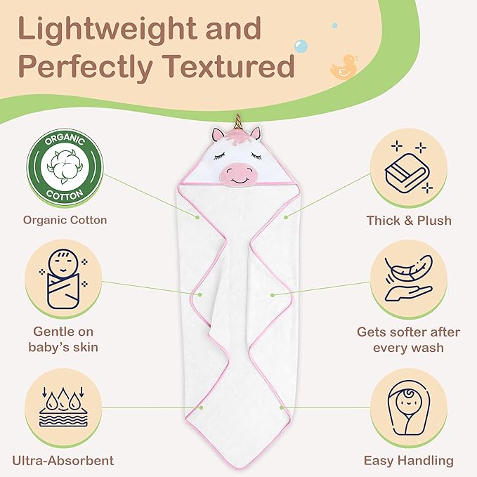 Mother's Choice Baby Hooded Towel - Large Size, Cotton, Ultra-Soft & Absorbent Bath Towel for Newborns, Infants, Toddlers, Boys & Girls with Animal Hood (Unicorn)