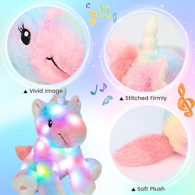 Hopearl LED Musical Stuffed Unicorn Colorful Lighting Up Singing Plush Toy Adjustable Volume Lullaby Animated Soothe Birthday Gifts for Kids Toddler Girls, Rainbow, 12''