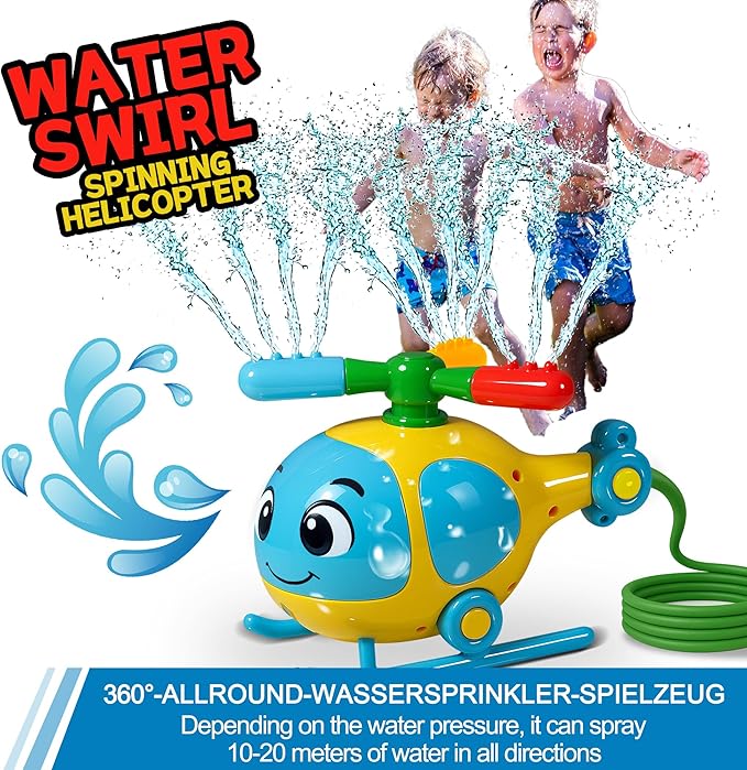 Helicopter Water Sprinkler for Kids, Spinning Outdoor Lawn Toy for Summer Fun, Backyard, Pool, Garden & Birthday Party Play, Ages 3-12, Easy Setup Water-Powered Sprinkler