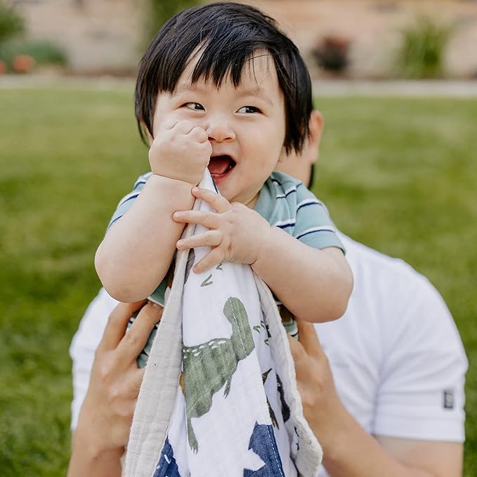 Little Unicorn Newborn Receiving Quilt | Ultra- Soft, Multi-Layered Muslin Fabric | Gift for Newborns & on-The-go (Dino Friends)